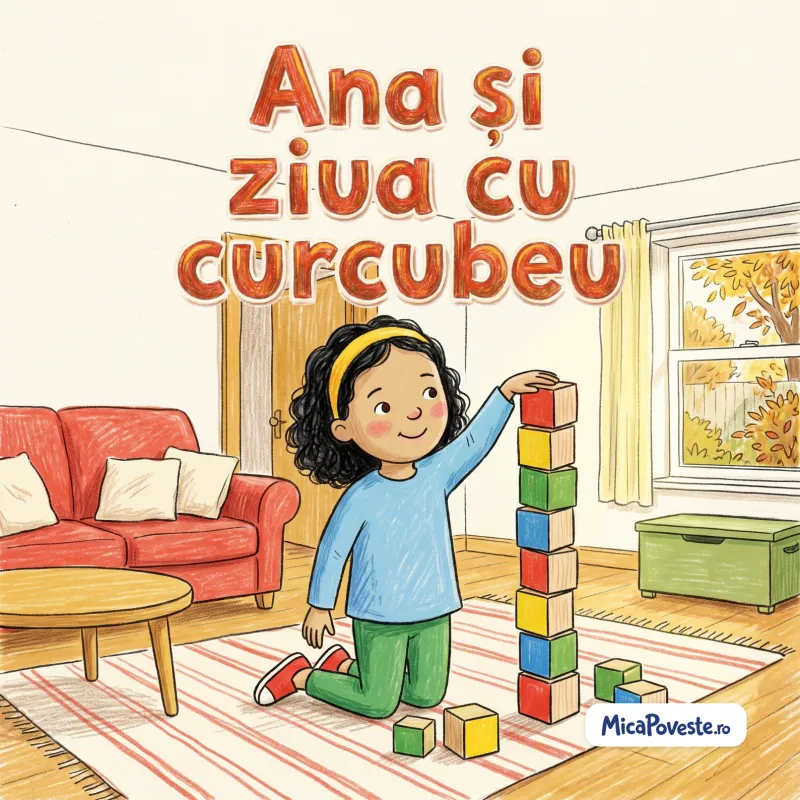 Coperta cărții „Ana și ziua cu curcubeu”, în creioane colorate: Ana construiește un turn înalt din cuburi, în sufragerie