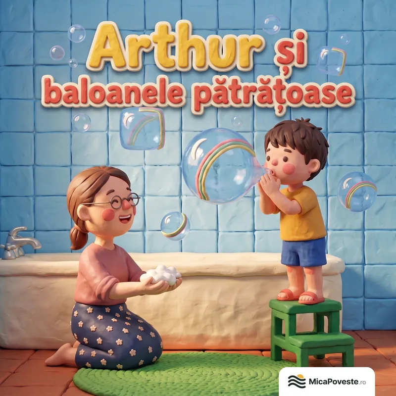 Coperta cărții „Arthur și baloanele pătrățoase”, modelată în plastilină: Arthur suflă un balon de săpun lângă cadă