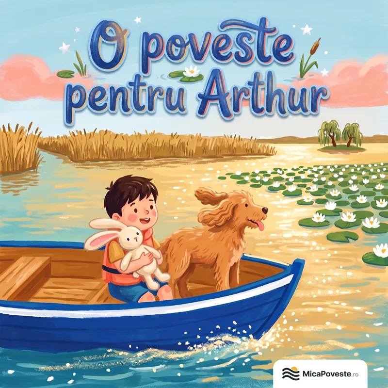 Coperta cărții „O poveste pentru Arthur”: Arthur și Louie într-o bărcuță albastră, pe un canal din Deltă