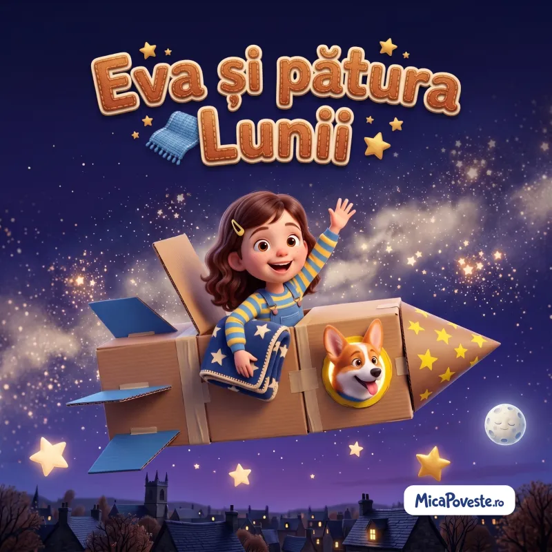 Coperta cărții „Eva și pătura Lunii”: Eva și cățelul Cipi zboară printre stele într-o rachetă din carton