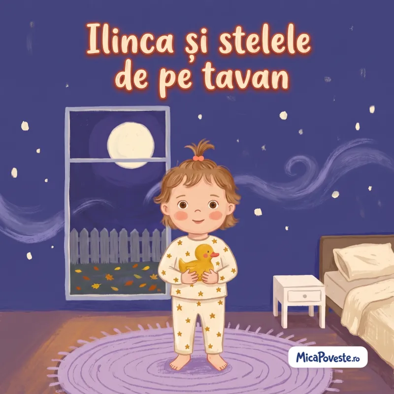 Coperta cărții „Ilinca și stelele de pe tavan”: Ilinca, în pijamaua cu stele, ține rățușca galbenă în camera ei, noaptea