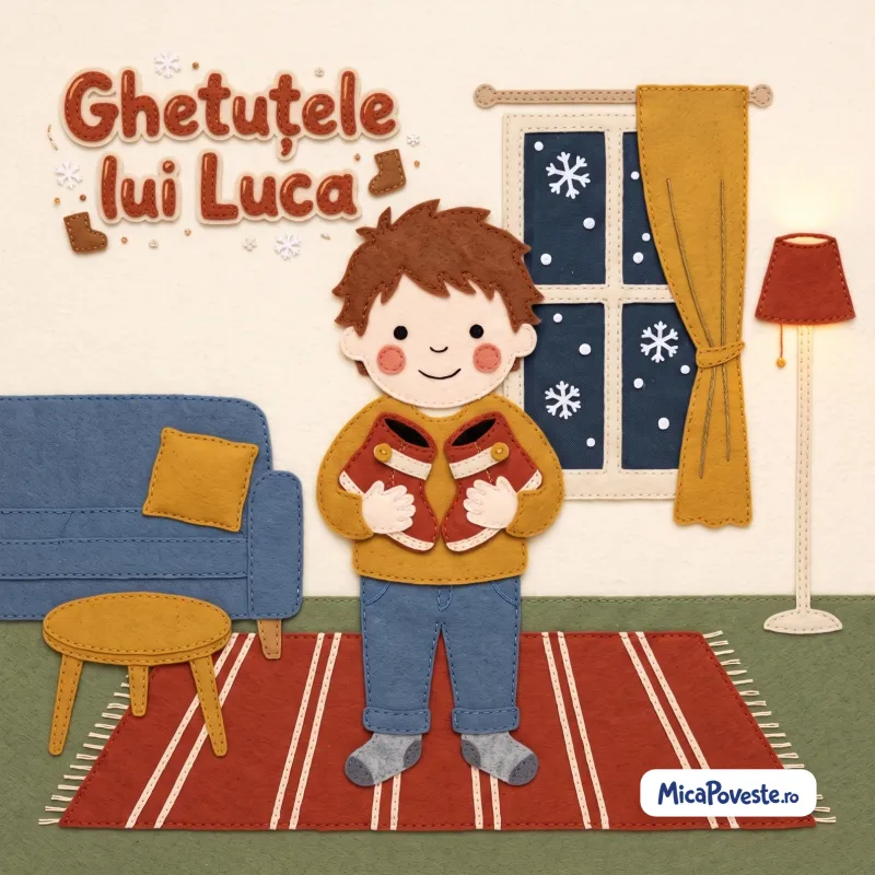 Coperta cărții „Ghetuțele lui Luca”, din fetru cusut: Luca ține în brațe ghetuțele roșii, lângă fereastra cu fulgi de zăpadă