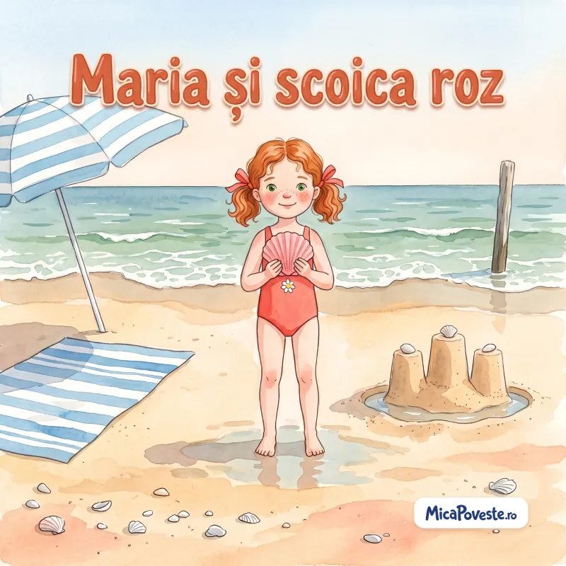 Coperta cărții „Maria și scoica roz”, în acuarelă: Maria, pe plajă, ține o scoică roz lângă un castel de nisip