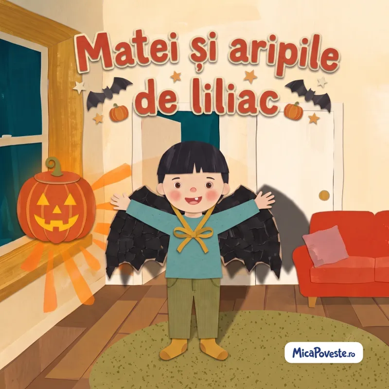 Coperta cărții „Matei și aripile de liliac”, din hârtie decupată: Matei își desface aripile negre de liliac lângă un dovleac luminat