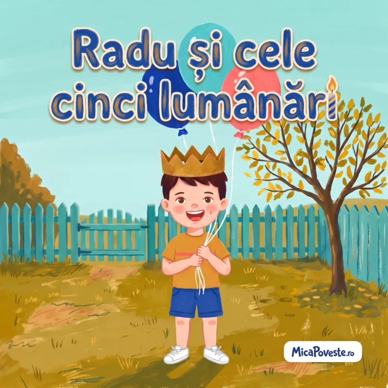 Coperta cărții „Radu și cele cinci lumânări”: Radu, cu o coroană de hârtie pe cap, ține baloane în curte