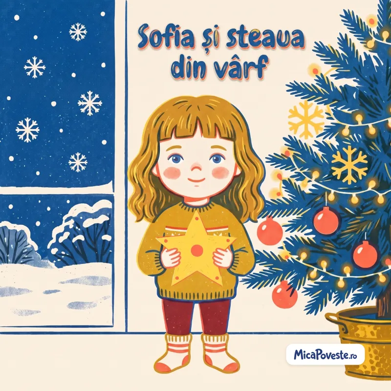 Coperta cărții „Sofia și steaua din vârf”: Sofia ține o stea galbenă lângă bradul împodobit, iar afară ninge