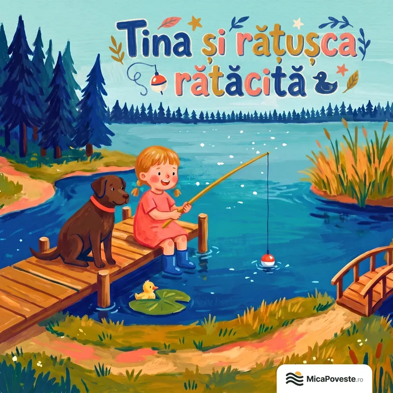 Coperta cărții „Tina și rățușca rătăcită”, cu Tina și câinele Rey pe ponton