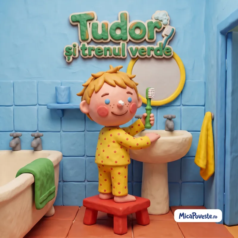 Coperta cărții „Tudor și trenul verde”, din plastilină: Tudor, în pijama cu buline, se spală pe dinți pe un scăunel, în baie