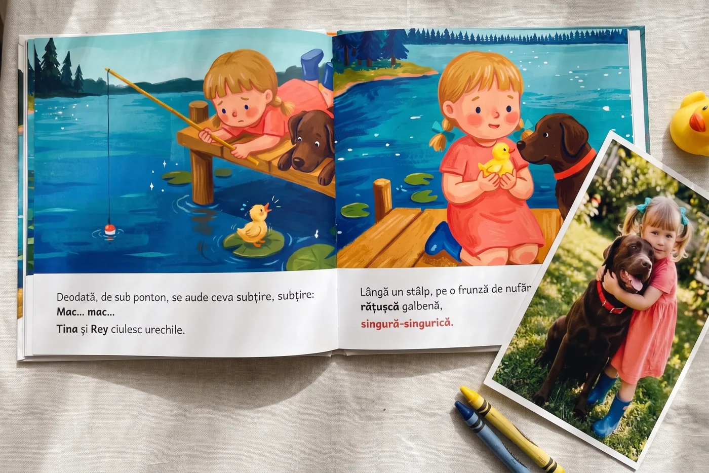 O carte deschisă la pagina cu Tina și cățelul ei, lângă fotografia după care a fost făcută