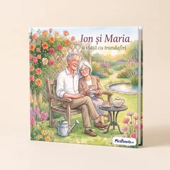 Cartea „Ion și Maria, o viață cu trandafiri”, cu copertă tare: pe copertă, Ion și Maria pe o bancă în grădină, sub trandafiri