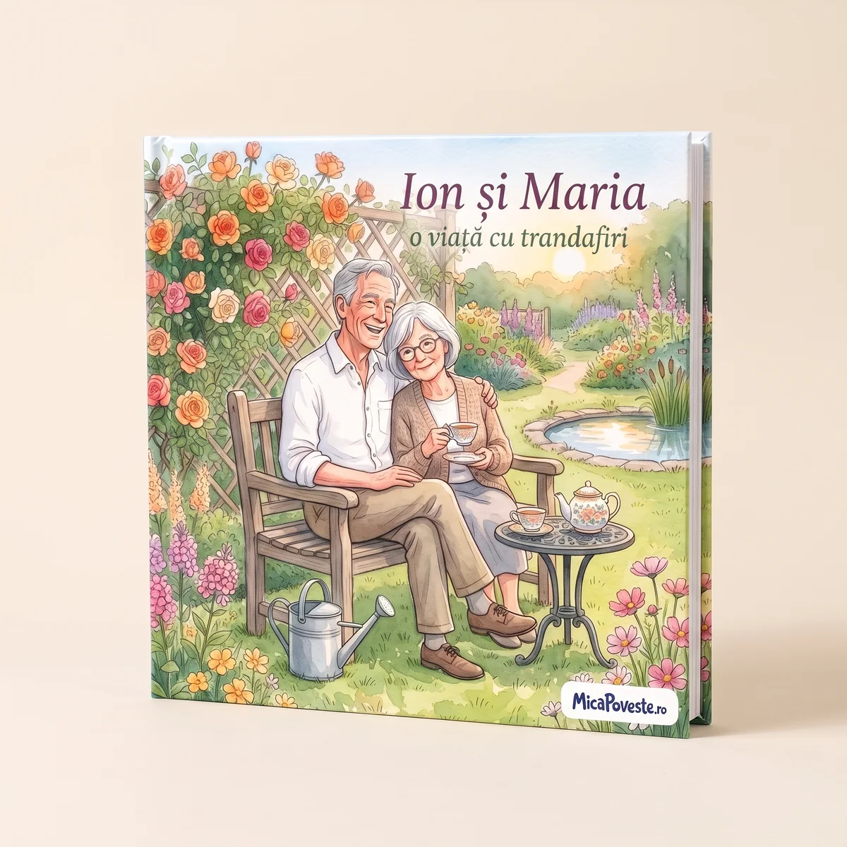 Cartea „Ion și Maria, o viață cu trandafiri”, cu copertă tare: pe copertă, Ion și Maria pe o bancă în grădină, sub trandafiri