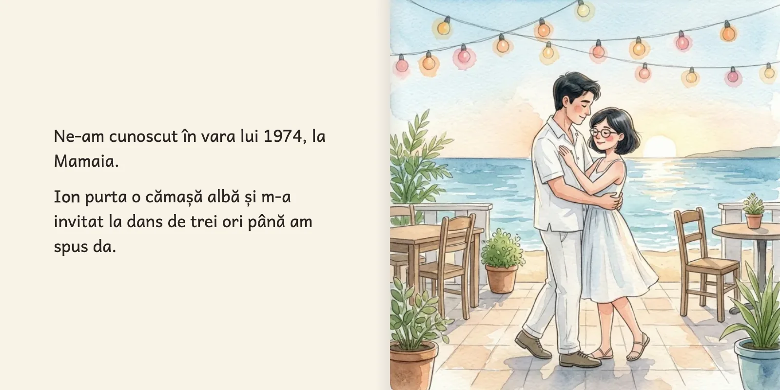 O pagină dublă: textul în stânga, în dreapta Ion și Maria dansând la Mamaia, în 1974