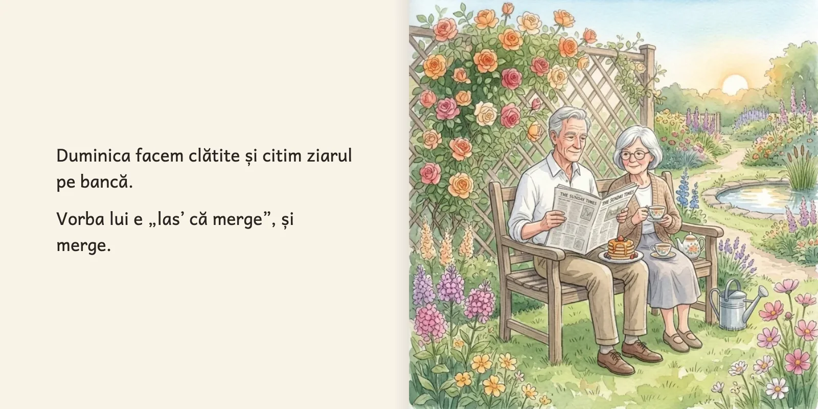 Pagina despre duminicile lor de acum, cu clătite și ziarul, pe bancă