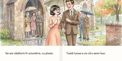 O pagină dublă cu două ilustrații: nunta lor, sub o umbrelă, în ploaie