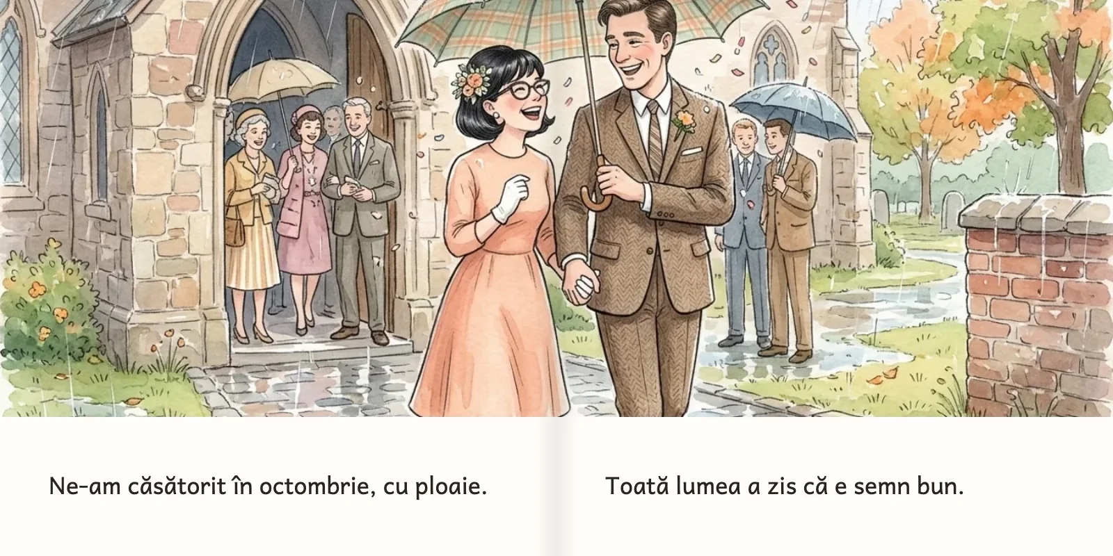 O pagină dublă cu două ilustrații: nunta lor, sub o umbrelă, în ploaie