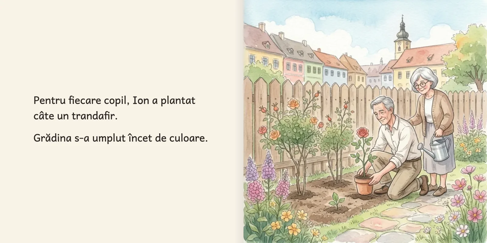 Pagina despre grădina în care Ion plantează trandafiri