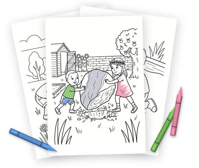 Pagini de colorat cu personajele dintr-o carte, lângă creioane colorate