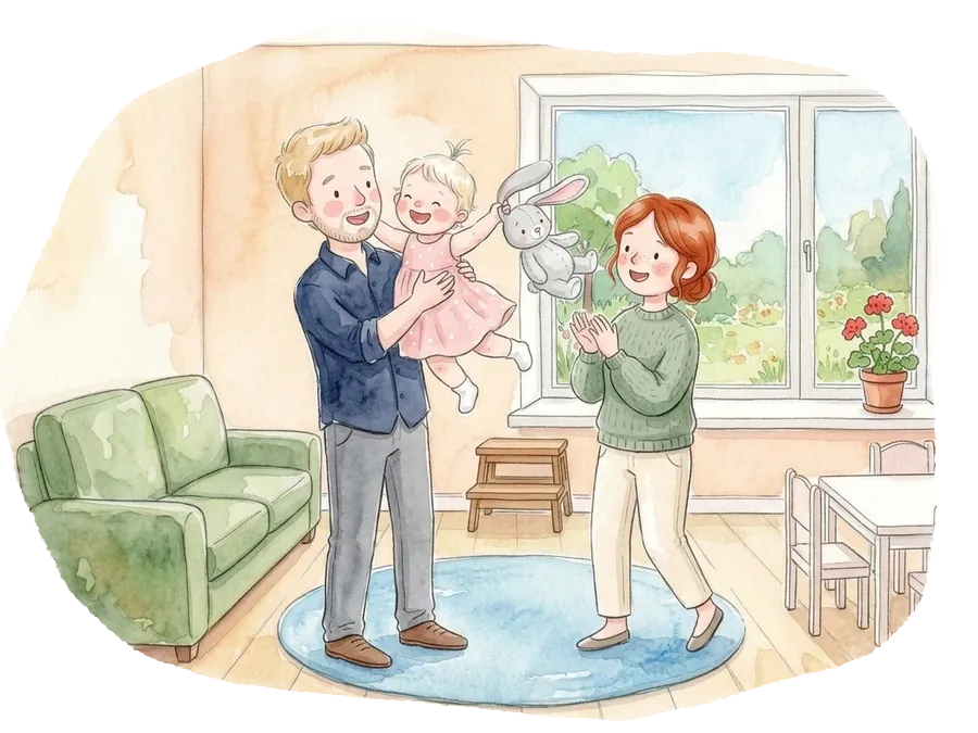 Tata o învârte pe Sofia prin sufragerie, cu iepurica în mână, iar Mama bate din palme