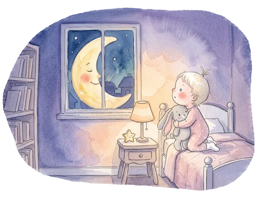 Sofia stă pe pat cu iepurica în brațe și se uită la luna din fereastră
