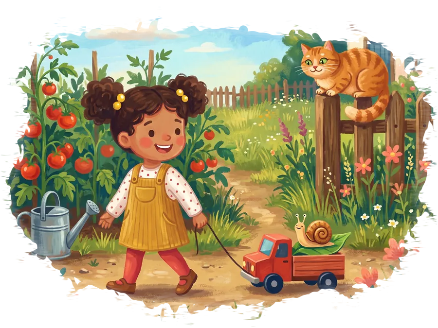 Ilinca trage după ea o mașinuță cu melcul pe o frunză, pe lângă roșii