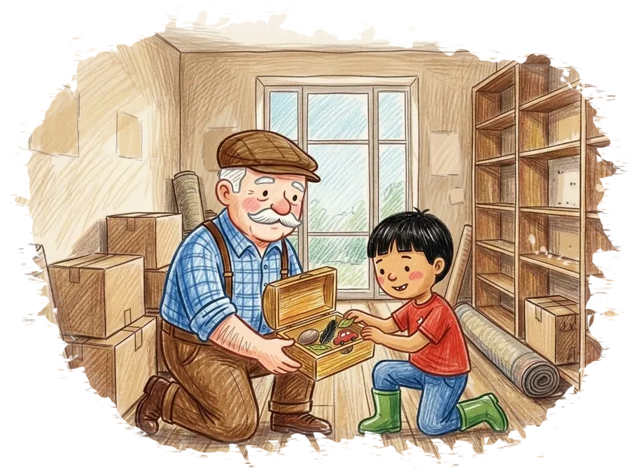 Bunicul Nelu îi dă lui Luca o cutie de lemn, printre cutiile de carton