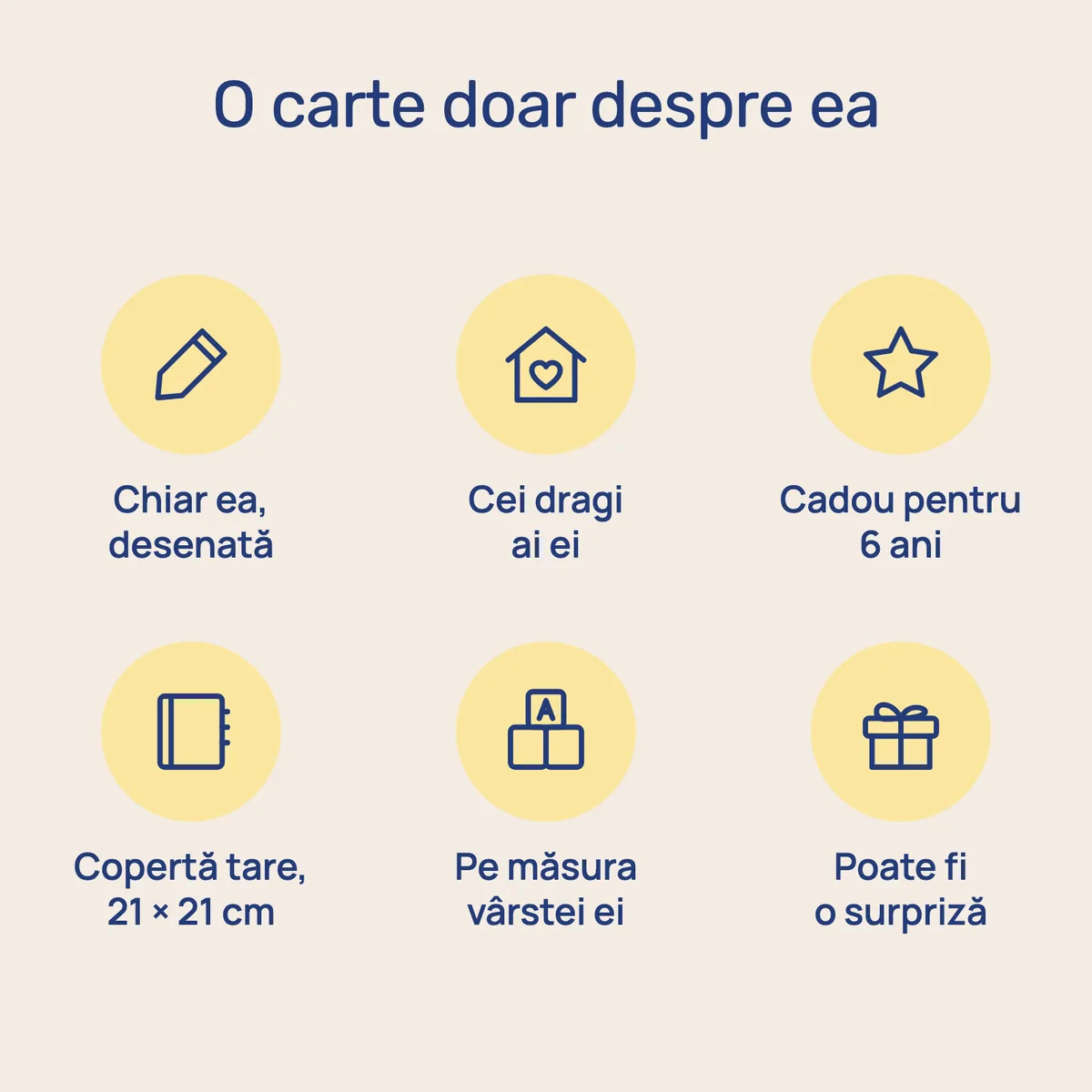 O carte doar despre ea: chiar ea, desenată; cei dragi ai ei; Cadou pentru 6 ani; copertă tare, 21 × 21 cm; pe măsura vârstei ei; poate fi o surpriză
