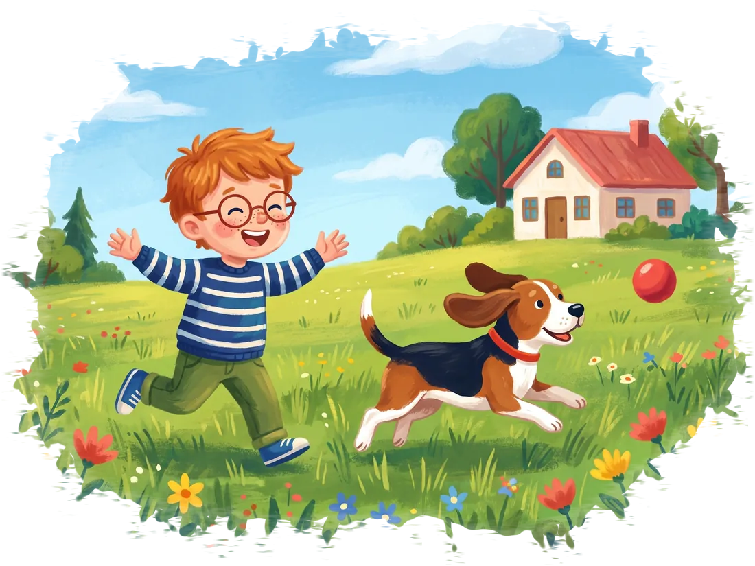 Tudor aleargă prin iarbă cu Bruno, beagle-ul familiei, care sare după o minge roșie