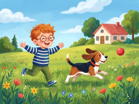Tudor aleargă prin iarbă cu Bruno, beagle-ul familiei, care sare după o minge roșie