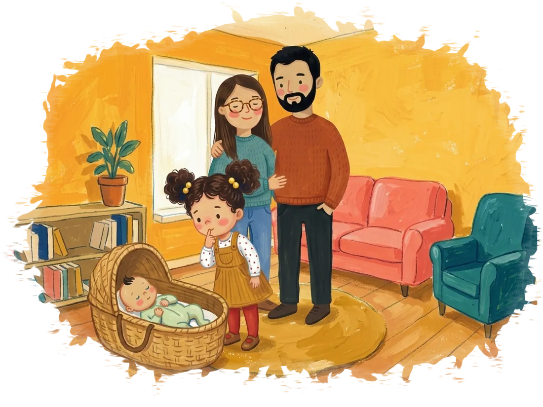 Ilinca se uită mândră în coșulețul cu frățiorul ei nou-născut, cu Mama și Tata alături