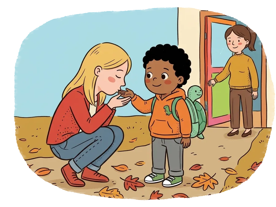 La ușa grădiniței, Mama îi lasă lui David un pupic în palmă, iar educatoarea îi așteaptă zâmbind