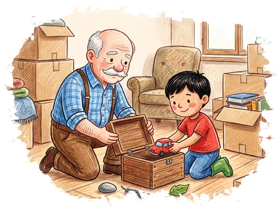 Bunicul Nelu îi dă lui Luca o cutie de lemn, în care Luca își pune comorile