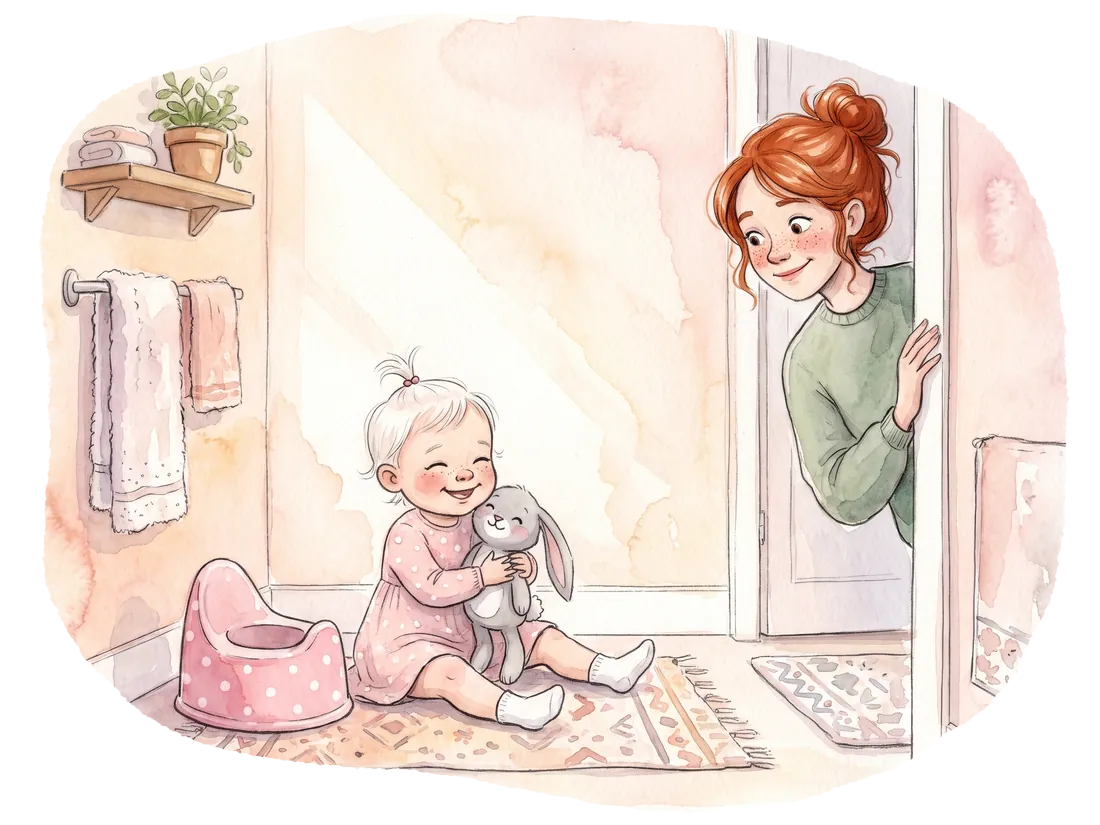 Sofia și iepurica ei, mândre, lângă olița roz cu buline, cu Mama zâmbind în ușă