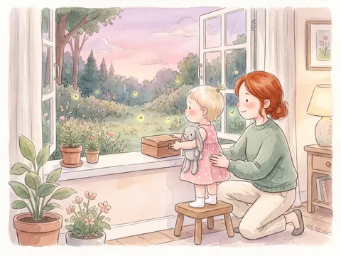 Sofia pune cutiuța cu suzeta pe pervaz, la apus, cu Mama îngenuncheată lângă ea