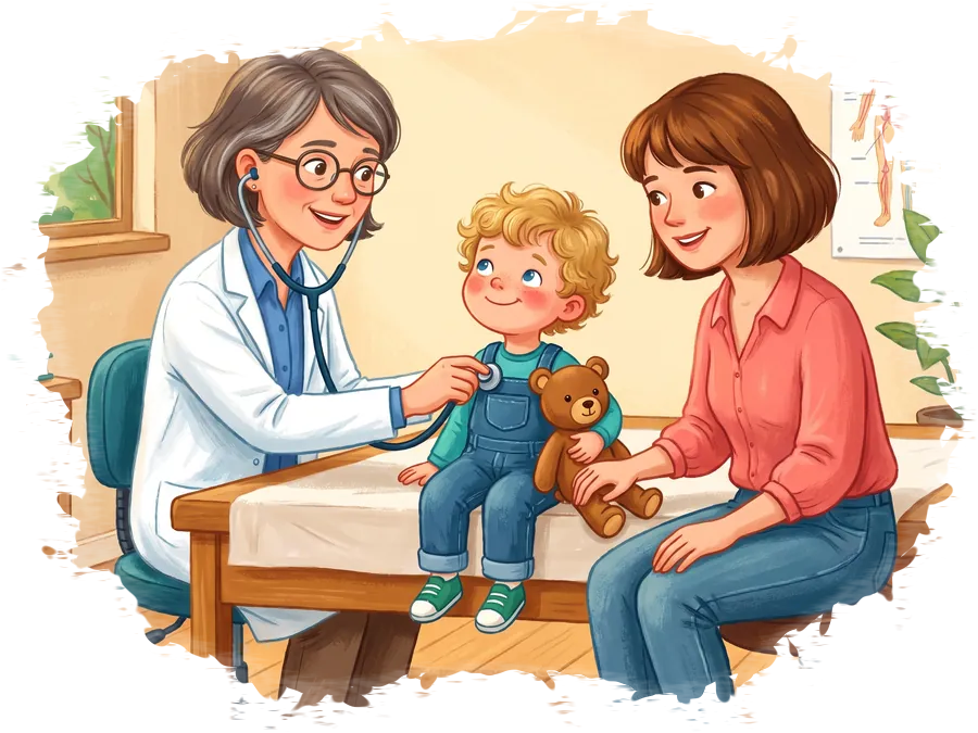 Doamna doctor ascultă inima lui Andrei, care zâmbește mândru ținând-o de mână pe Mama