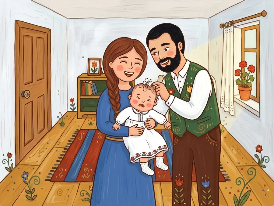 Mama o ține în brațe pe Ilinca, în rochița albă, iar Tata îi prinde fundița în păr