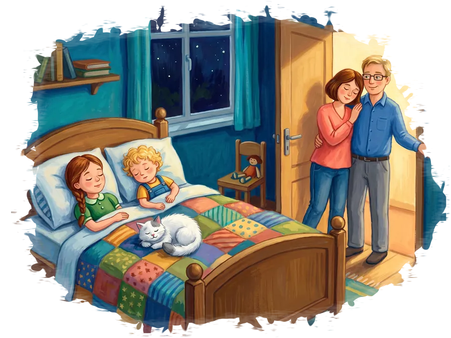 Maya și Andrei dorm în același pat, cu Ghemuț între ei, iar părinții îi privesc din ușă