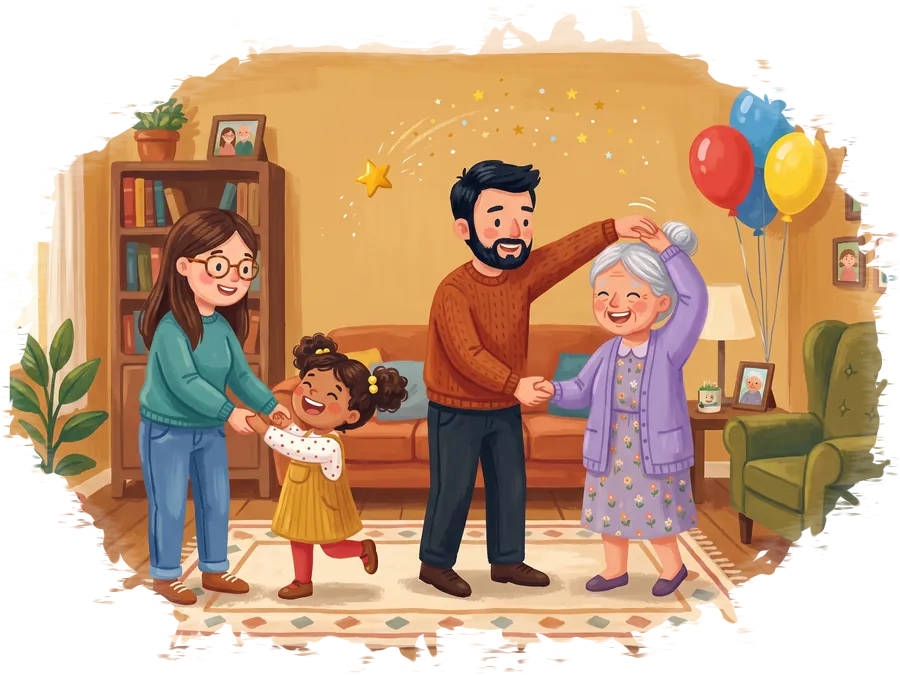 Tata, Mama și Buni Lia dansează prin sufragerie, iar Ilinca râde în mijlocul lor