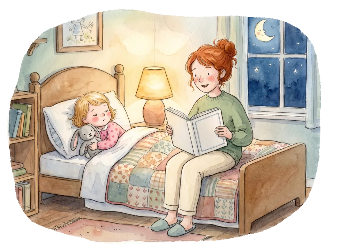 Mama îi citește Sofiei în pat, la lumina veiozei, cu luna la fereastră