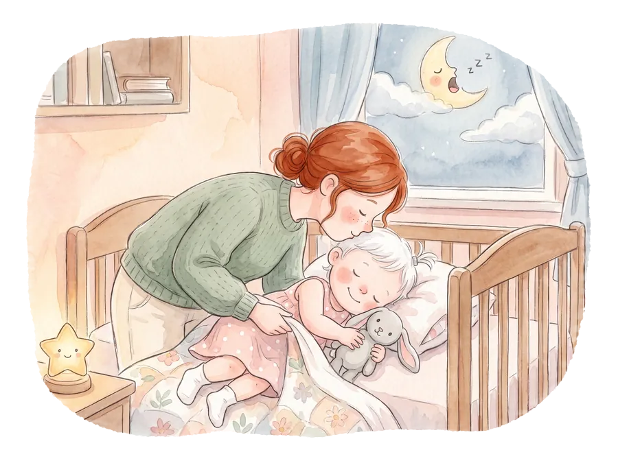 Mama o învelește pe Sofia, care doarme cu iepurica, sub privirea lunii