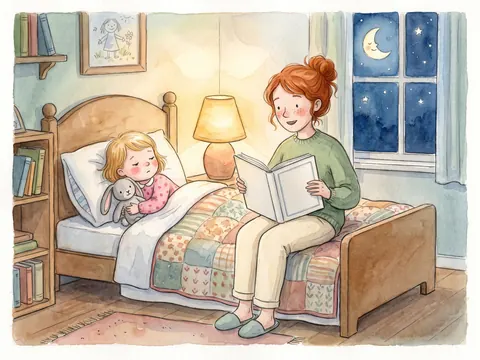 Mama îi citește Sofiei în pat, la lumina veiozei, cu luna la fereastră
