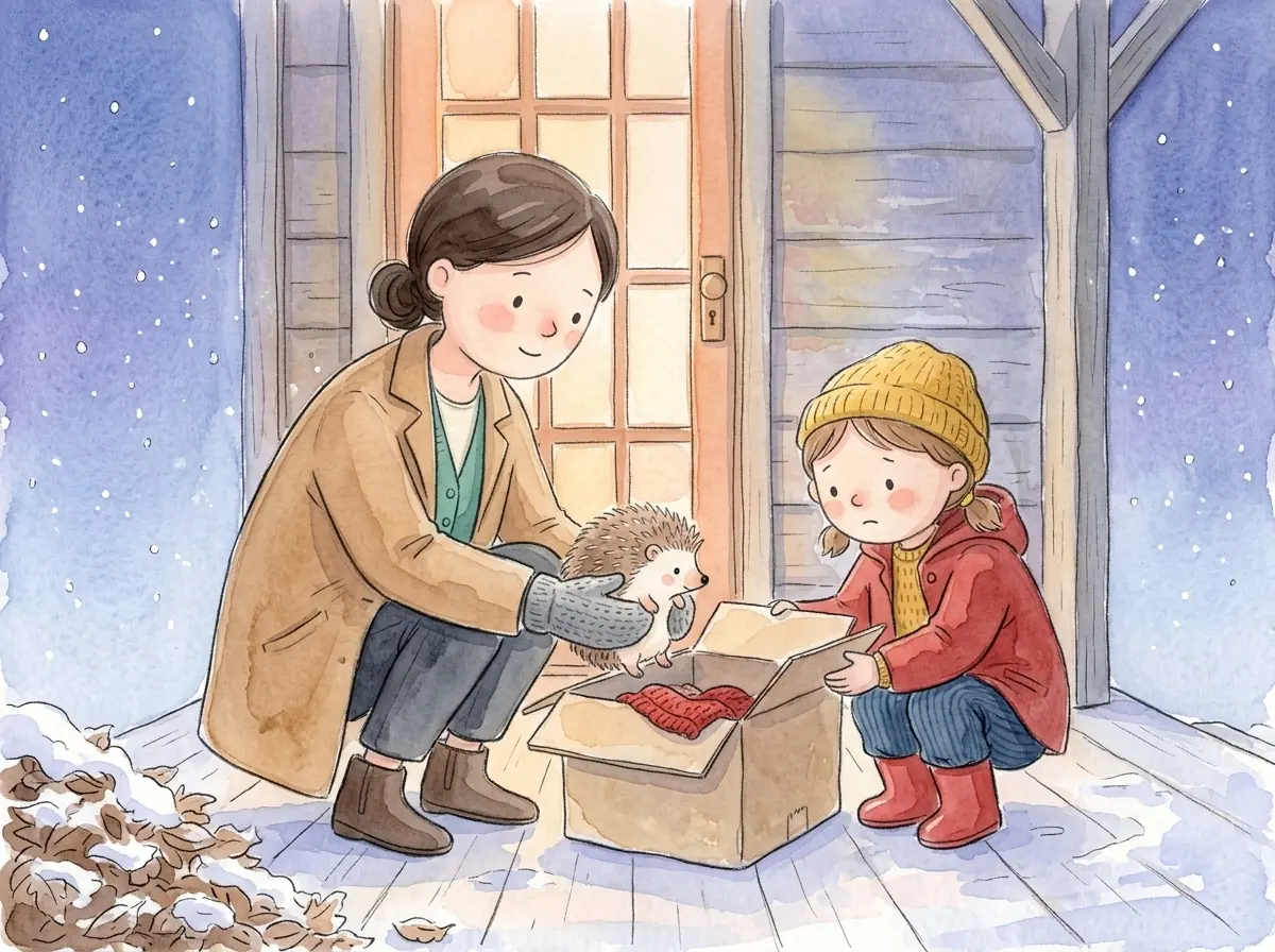 Mama îl așază pe Țepi într-o cutie cu o căciulă roșie, iar Ioana ține cutia deschisă