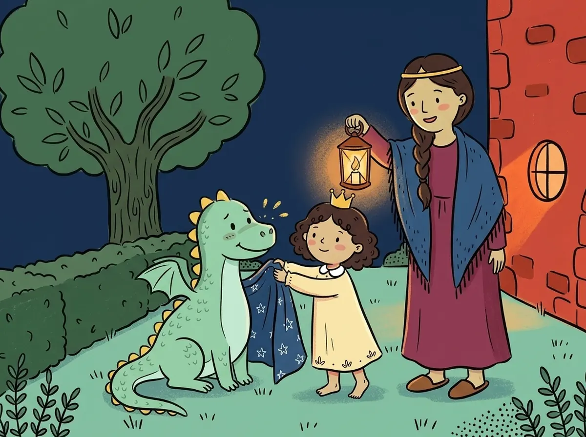 Sara îl învelește pe dragonul Fum cu pătura ei cu stele, iar Regina ține felinarul