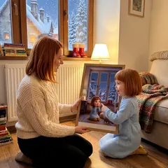 O mamă ține printul înrămat lângă fetița ei