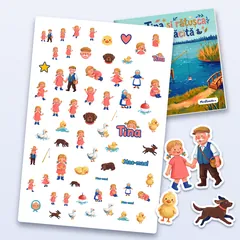 O coală de stickere cu o fetiță ilustrată, bunicii, cățelul și rățușca