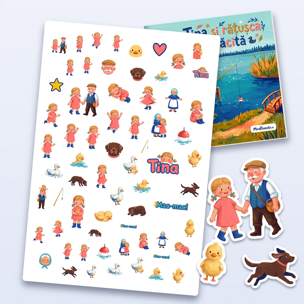 O coală de stickere cu o fetiță ilustrată, bunicii, cățelul și rățușca