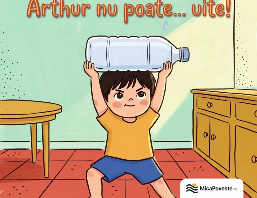 Coperta cărții „Arthur nu poate... uite!”: Arthur ține sticla mare de apă deasupra capului, în bucătărie