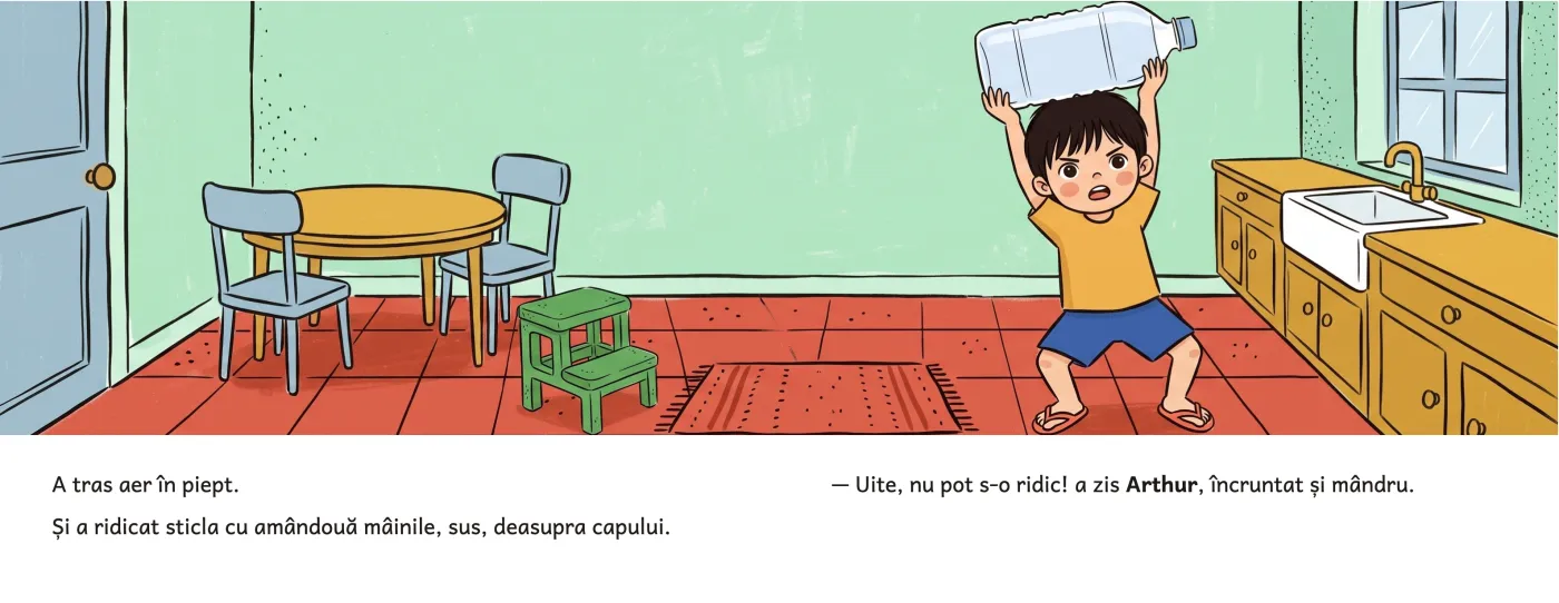Arthur ridică sticla mare de apă deasupra capului și spune că nu poate s-o ridice