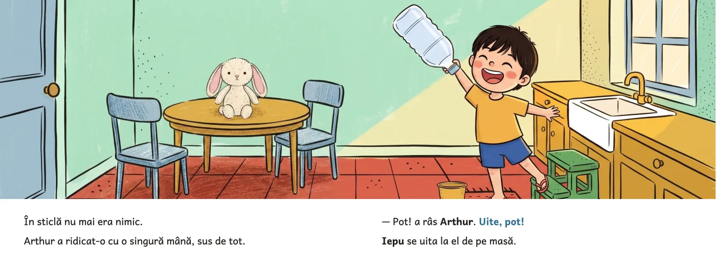 Arthur ridică sticla goală cu o singură mână și râde: „Pot!”