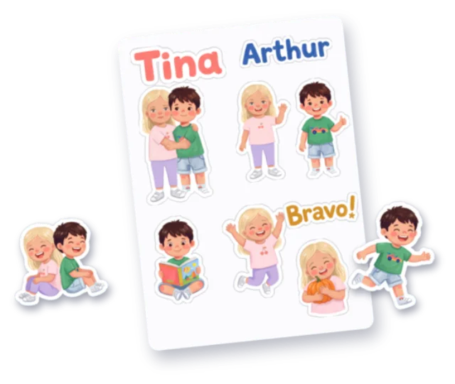O coală de stickere cu personajele din cărți